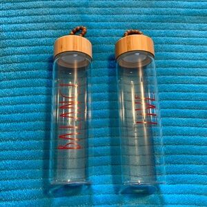 2x RAE DUNN glass water bottles Live & Balance with bamboo bead lids brand new